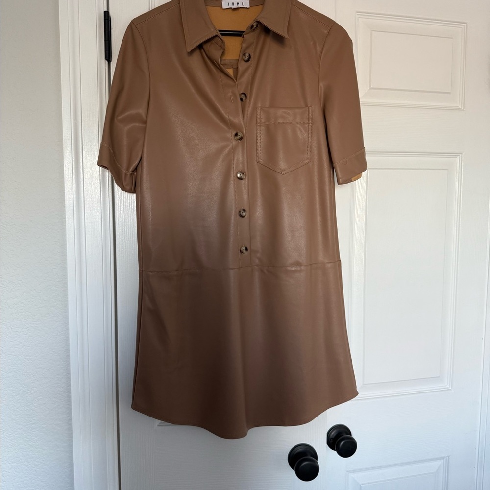 THML Tan Faux Leather Button Dress